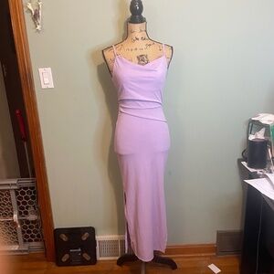 Lyaner Women Cowl Neck Ribbed Knit Evening Party Bodycon Maxi Dress Purple Small